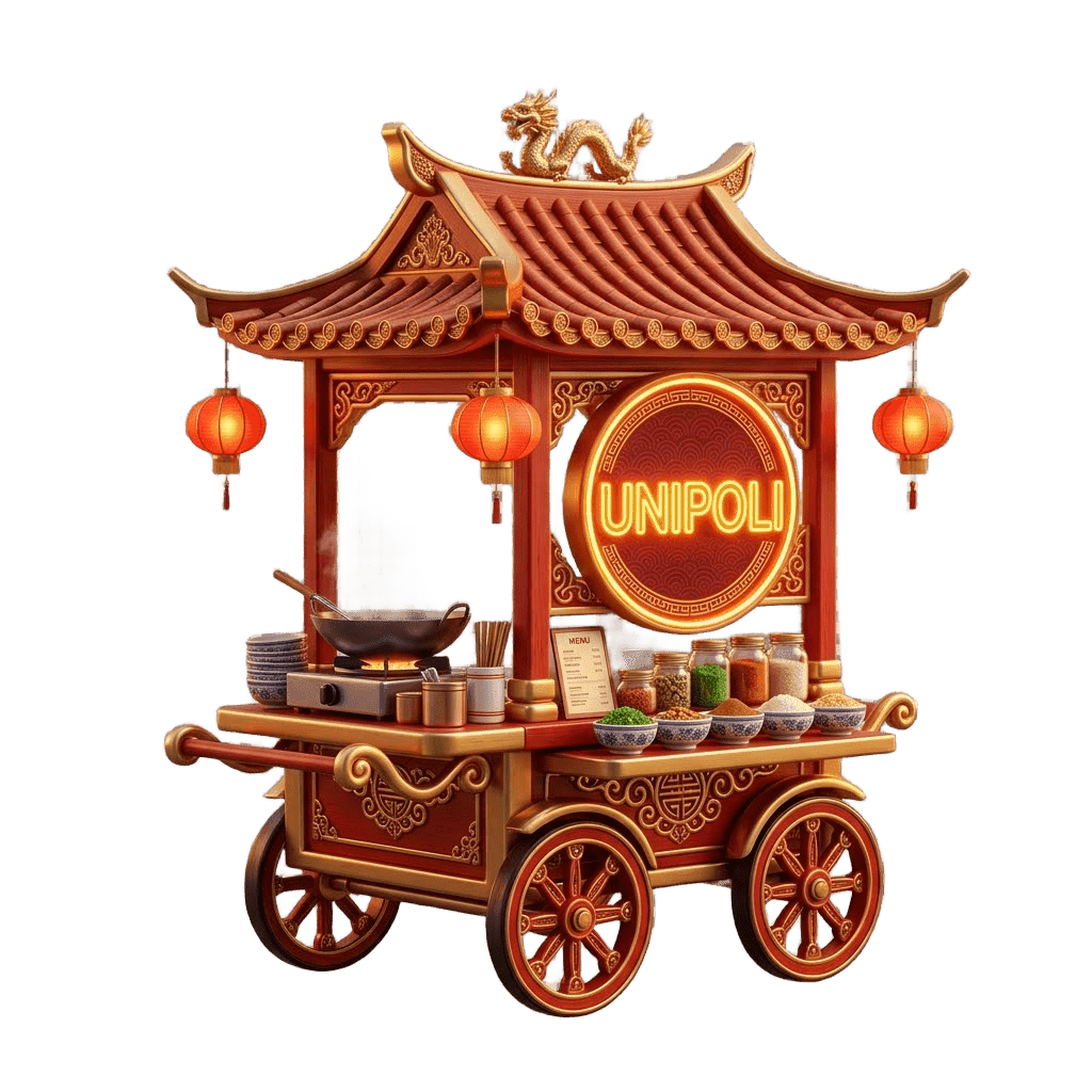 Carrito de comida estilo chinatown con letrero Unipoli